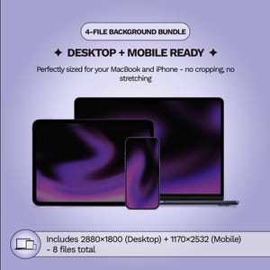 Op de afbeelding: Een digitaal achtergrondpakket met een paars en zwart abstract wervelontwerp weergegeven op een laptop, tablet en smartphone. De tekst luidt 4-FILE BACKGROUND BUNDLE, DESKTOP + MOBILE READY en bevat 2880x1800 (Desktop) + 1170x2532 (Mobile) - 8 files total.