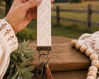 Boho Key Wristlet, Khaki Cotton Webbing Keychain, Coffee Tassel, Antique Bronze Hardware