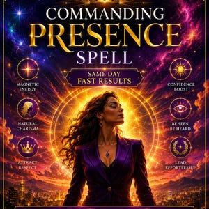May include: A digital poster titled COMMANDING PRESENCE SPELL featuring a person in a purple blazer against a cosmic sunset background. Text includes SAME DAY FAST RESULTS, MAGNETIC ENERGY, CONFIDENCE BOOST, NATURAL CHARISMA, BE SEEN. BE HEARD., ATTRACT RESPECT, LEAD EFFORTLESSLY, SAME DAY RESULTS, FAST ACTION, and POWERFUL IMPACT.