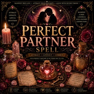 Puede incluir: Un conjunto místico con el texto PERFECT PARTNER SPELL, rodeado por una vela rosa encendida, dos frascos de vidrio con pétalos de rosa secos, una botella de vidrio en forma de corazón, una llave dorada y tarjetas de pergamino sobre fondo oscuro.