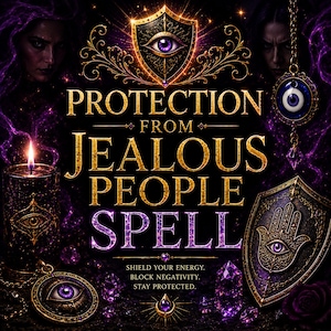 May include: A digital artwork with the words "PROTECTION FROM JEALOUS PEOPLE SPELL". The design includes a shield with an eye, a candle, and a pendant with an eye. The colour scheme is gold, purple, and black. The text reads "SHIELD YOUR ENERGY. BLOCK NEGATIVITY. STAY PROTECTED."