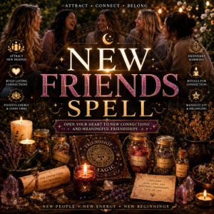 May include: A New Friends Spell kit featuring a central book titled Friendship Magic, surrounded by glass jars of rose petals and lavender, a lit candle, a scroll with text, and crystals. The image includes text like Attract, Connect, Belong.