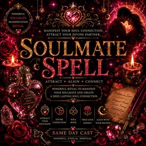 Peut inclure: Graphique numérique rouge foncé et or avec les mots "Soulmate Spell". L'image comprend une bouteille en forme de cœur, des bougies, des roses et le texte "Attract, Align, Connect".
