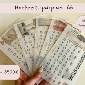Könnte beinhalten: Ein Set aus A6-Sparplan-Einlagen für einen Ordner mit verschiedenen Hochzeitsmotiven und Spalten aus Kreisen mit Euro-Beträgen, einschließlich eines Blattes mit der Aufschrift Kleidung und Styling für Ausgaben rund um das Hochzeitsoutfit.
