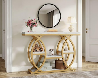 Industrial 4-Tier Console Table: Rustic Wood Metal Entryway Sofa Table