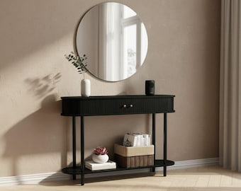Wood Console Table with Tambour Door, Narrow Entryway Console Table, Modern Farmhouse Sofa Table with Storage Shelf Black