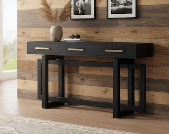 Modern Wood Console Table with 3 Drawers, Farmhouse Entryway Narrow Sofa Table