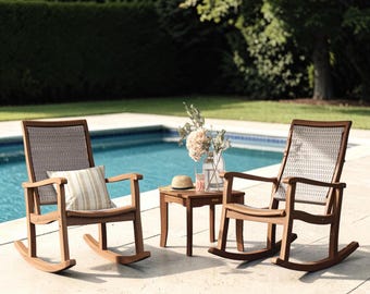 Outdoor Rocking Chair Set, 3 Piece Patio Bistro Set, Eucalyptus Wood Rocking Chairs with Side Table, Porch Seating Set
