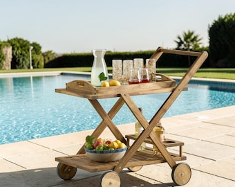 Outdoor Wood Bar Cart Patio Serving Cart Acacia Wood Rolling Drink Trolley Garden Beverage Cart
