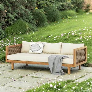Acacia Wood Outdoor Daybed with Rattan Panels and Cushions – Patio Lounge Sofa
