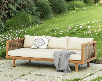 Acacia Wood Outdoor Daybed with Rattan Panels and Cushions – Patio Lounge Sofa