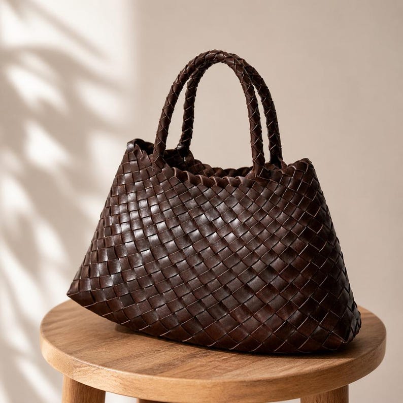 K&ouml;nnte beinhalten: Eine dunkelbraune, gewebte Ledertasche mit geflochtenen Henkeln. Die Tasche hat eine trapezf&ouml;rmige Form und steht auf einem kleinen Holzschemel. Das Webmuster ist &uuml;ber die gesamte Au&szlig;enseite der Tasche sichtbar.