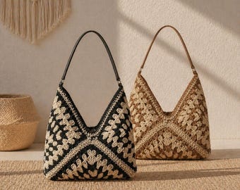 Handgehäkelte Umhängetasche, Granny Square, beige-schwarz gestrickt, Boho-Hobo-Schultertasche, ästhetische Sommertasche, Resortcore-Handtasche für Damen