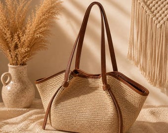 Italienische Tragetasche aus veganem Kunstleder (Raffia), elegante Sommertasche, ideales Geschenk zum Muttertag