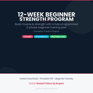 May include: A digital graphic promoting a 12-week beginner strength program. The text includes "Build muscle & strength" and "3-phase beginner training plan." Colorful buttons highlight "3 Phases," "36 Workouts," and "Printable Logs."