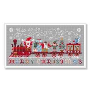 May include: Cross-stitch design of a Christmas train with Santa Claus, gifts, an elf, and a Christmas tree. The train is red with the words "Merry Christmas" below. The background is gray with snowflakes.