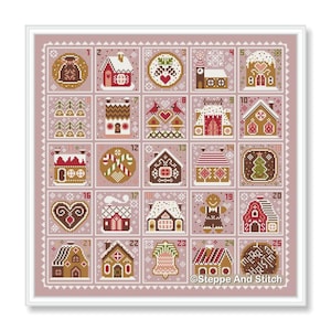 May include: A cross-stitch sampler featuring a Christmas advent calendar design. The design includes 25 squares, each with a unique festive image, such as gingerbread houses, bells, and hearts. The color palette is primarily pink, red, and brown.