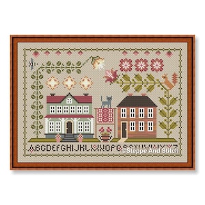 May include: Cross-stitch sampler featuring two houses, floral elements, and a rooster. The houses are green and brown with red roofs. The sampler includes the alphabet and the text "Steppe And Stitch".