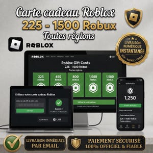 Może przedstawiać: Obraz reklamowy kart podarunkowych Roblox. Na zdjęciu monitor, laptop i smartfon z opcjami kart podarunkowych Roblox od 225 do 1500 Robux. Tekst zawiera "Roblox Gift Cards" i "Toutes régions."