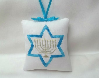 Hanukkah Ornament, Menorah, Jewish, Star Of David, Hannukah Gift, Cross Stitch 4 3/4&quot; x 5 1/4&quot;