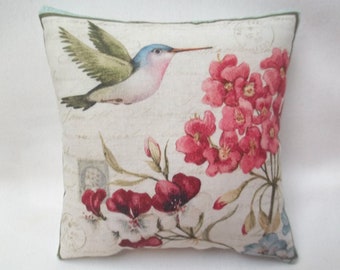 Hummingbird Mini Pillow: Cotton Print Fabric, Summer Decor, Flowers