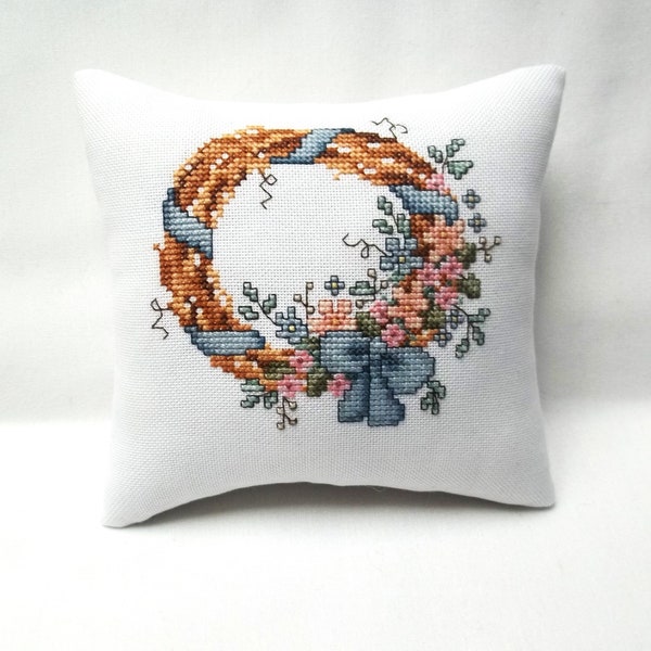 Spring Mini Pillow Wreath Pink Blue Peach Flowers With Bow Cross Stitch 5 3/4" x 6 1/4"