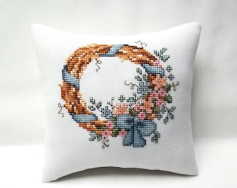 Spring Mini Pillow Wreath Pink Blue Peach Flowers With Bow Cross Stitch 5 3/4" x 6 1/4"