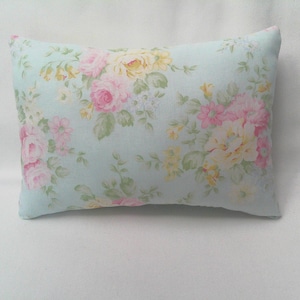 Floral Accent Pillow, Pink & Yellow Flowers On Light Blue Cotton Print Fabric