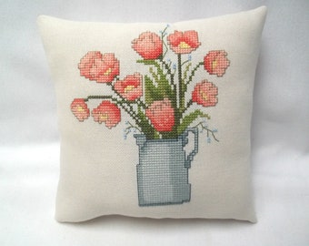 Tulip Bouquet Mini Pillow Spring Flower Lover Gift Cross Stitch 7" x 7"