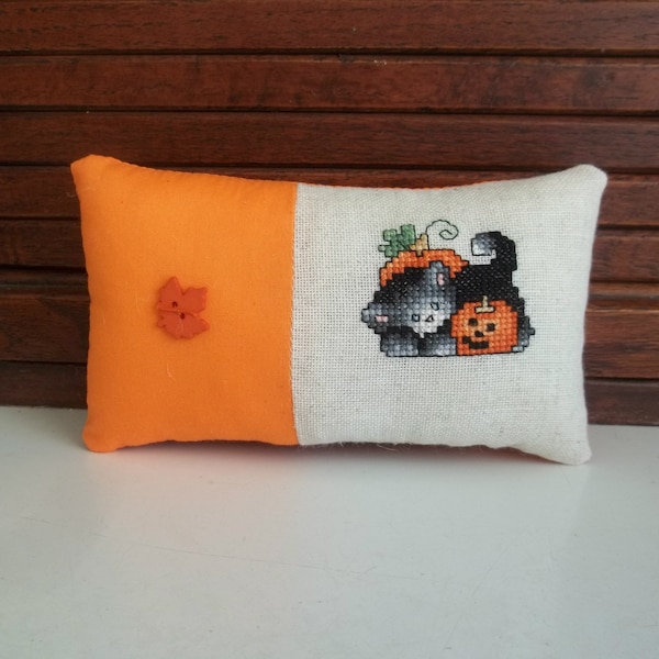 Halloween Mini Pillow Cat Pumpkins Cross Stitch Shelf Pillow Optional Hanger 3 3/4" x 6 3/4"