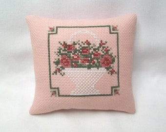Rose Basket Mini Pillow Cross Stitch Gift For Her Small Accent Pillow 5" x 5 1/2"