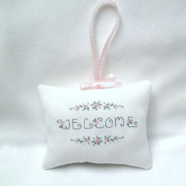 Welcome Door Pillow Knob Decor Cross Stitch Flowers 4 1/4" x 5 1/4"