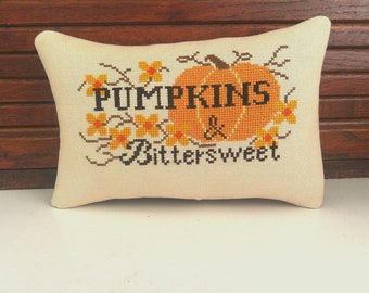 Pumpkin Small Accent Pillow, Bittersweet, Autumn, Fall,  Cross Stitch 6 1/2&quot; x 8 1/4 &quot;