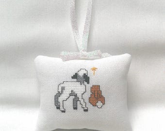 Lamb And Bunny Christmas Ornament, Star, Cross Stitch, 3 1/2&quot; x 4 1/4&quot;