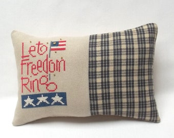 Patriotic Americana Mini Pillow, Let Freedom Ring, Home Decor Cross Stitch 5 3/4" x 8 3/4"