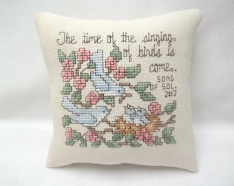 Birds Mini Pillow Bible Verse And Bird Nest In Tree With Flowers Small Pillow Cross Stitch 5" x 5"