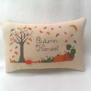 Autumn Mini Pillow, Cross Stitch, Harvest Leaves & Pumpkins