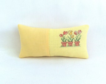 Tulip Spring Mini Pillow Flower Pots Cross Stitch Shelf Sitter Pillow Tuck 7" x 3 1/4"