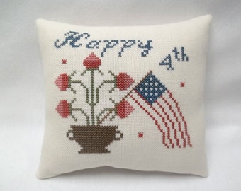 July Fourth Mini Pillow Flag Patriotic Cross Stitch Shelf Pillow 5 1/4" x  5 3/4"