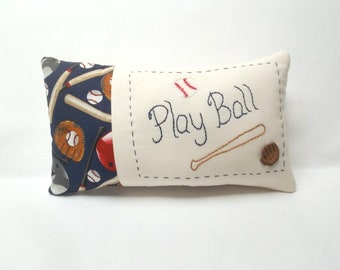 Baseball Mini Pillow, Embroidered, Play Ball, Sports, Athletic Shelf Pillow 5 1/2" x 10"