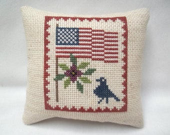 Patriotic Flag Mini Pillow Primitive Americana Bird Flower Cross Stitch 5" x 5"