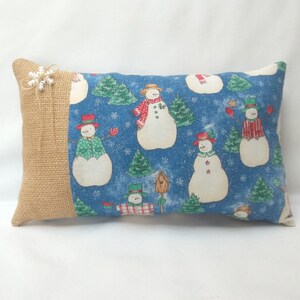 Snowman Mini Pillow Winter Shelf Pillow Rustic Burlap 7 1/2 &quot; x 12&quot;