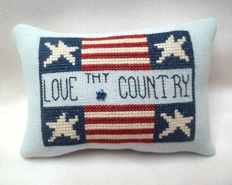 Patriotic Mini Pillow Americana Cross Stitch Love Thy Country'Stars And Stripes 3 1/2" x 5 1/4"
