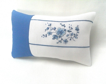 Floral Mini Pillow, Cross Stitch, Blue Flowers,