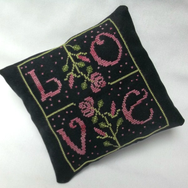 Love Cross Stitched Mini Pillow /  Valentine / Shelf Sitter