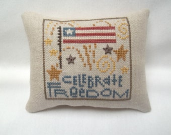 Patriotic Freedom Mini Pillow Tuck Small Pillow Cross Stitch Completed July 4 Independence Day 5 1/8 " x 5 1/8 "