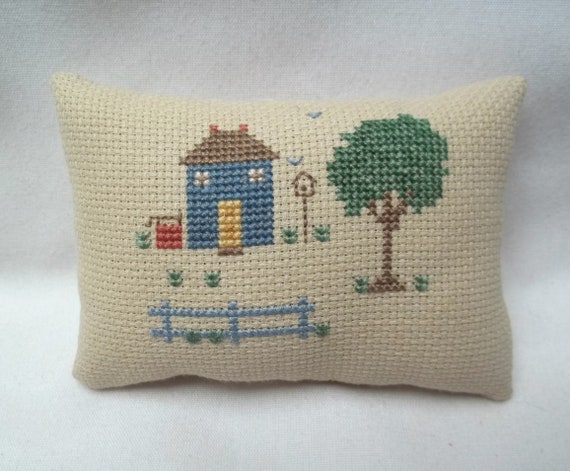 Country Home Cross Stitch Mini Pillow, Shelf Decor