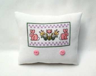 Spring Mini Pillow  Bunnies Tulips Cross Stitch Completed 4 3/4" x 5 3/4 "