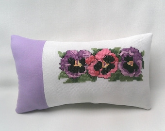 Pansy Mini Pillow Floral Small Accent Shelf Sitter Cross Stitch 4 1/2" x 8"