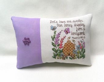 Beehive Mini Pillow, Bible Verse Psalm 19:10, Flowers, Butterflies, 5 3/4" x 8 1/4"
